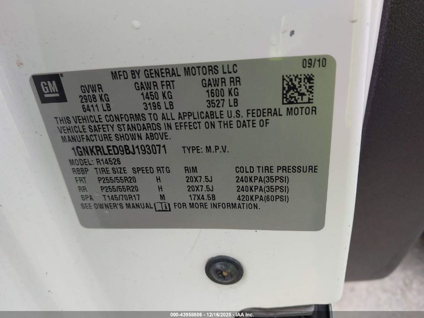 2011 Chevrolet Traverse Ltz VIN: 1GNKRLED9BJ193071 Lot: 43958806