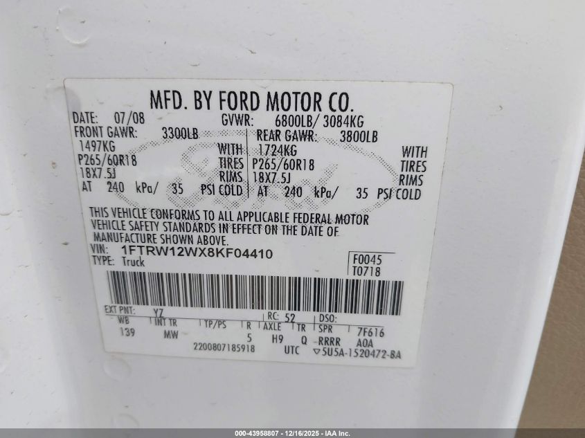 2008 Ford F-150 60Th Anniversary/Fx2/Xl/Xlt VIN: 1FTRW12WX8KF04410 Lot: 43958807