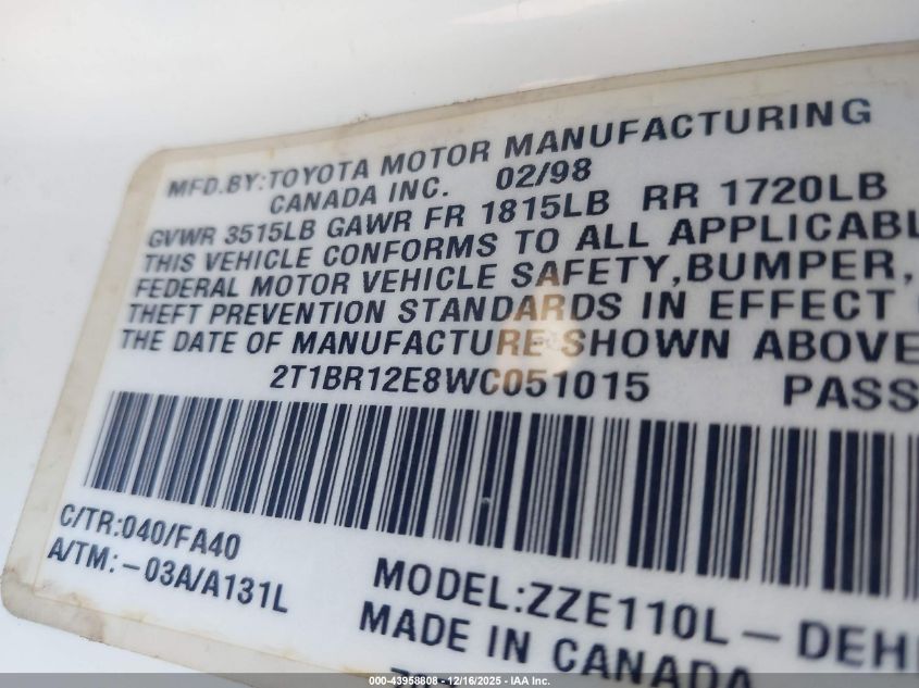 1998 Toyota Corolla Ve VIN: 2T1BR12E8WC051015 Lot: 43958808