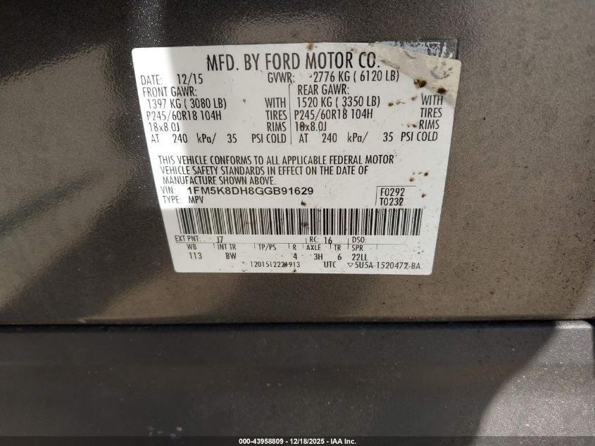 2016 Ford Explorer Xlt VIN: 1FM5K8DH8GGB91629 Lot: 43958809