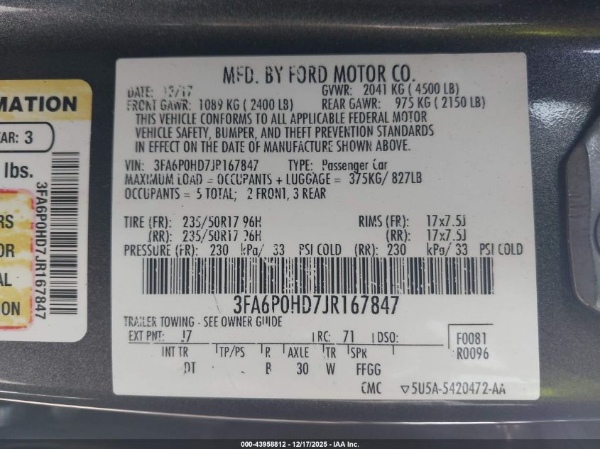 2018 Ford Fusion Se VIN: 3FA6P0HD7JR167847 Lot: 43958812