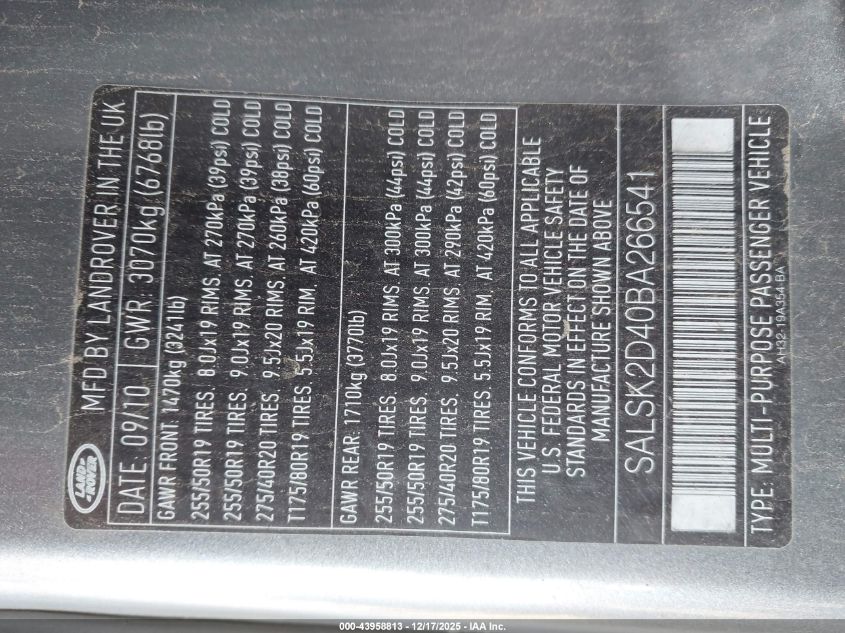 2011 Land Rover Range Rover Sport Hse VIN: SALSK2D40BA266541 Lot: 43958813