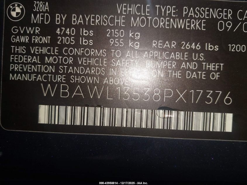 2008 BMW 328I VIN: WBAWL13538PX17376 Lot: 43958814