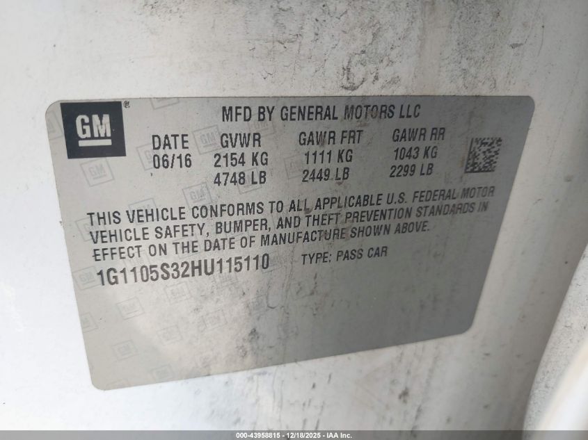 2017 Chevrolet Impala 1Lt VIN: 1G1105S32HU115110 Lot: 43958815