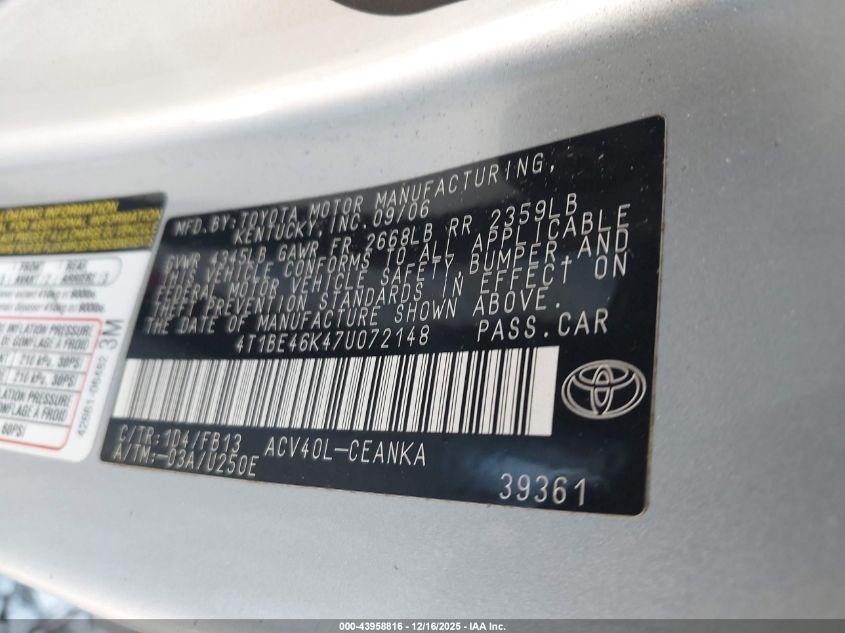 2007 Toyota Camry Le VIN: 4T1BE46K47U072148 Lot: 43958816