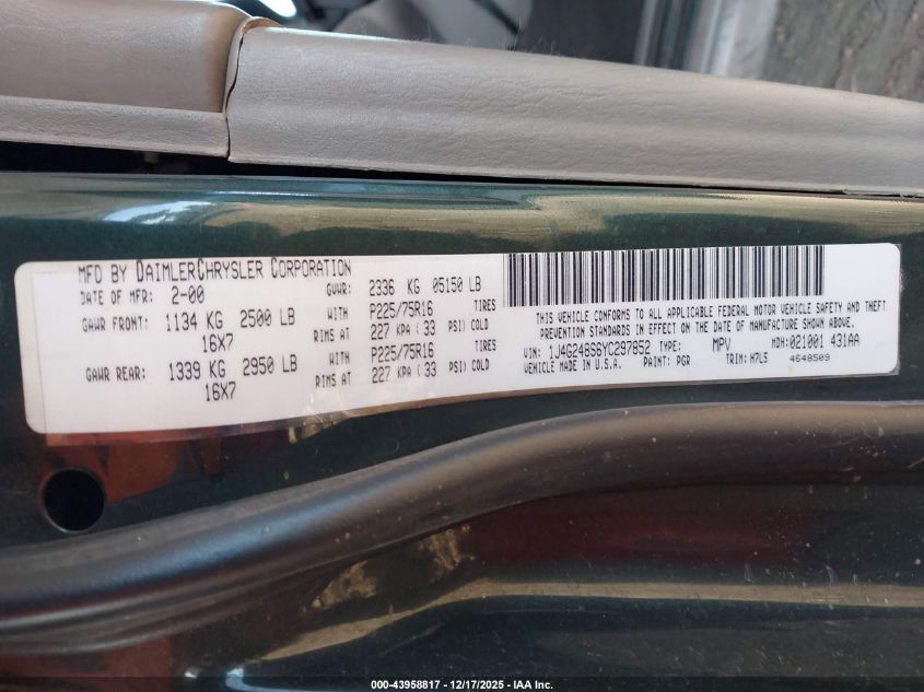 2000 Jeep Grand Cherokee Laredo VIN: 1J4G248S6YC297852 Lot: 43958817