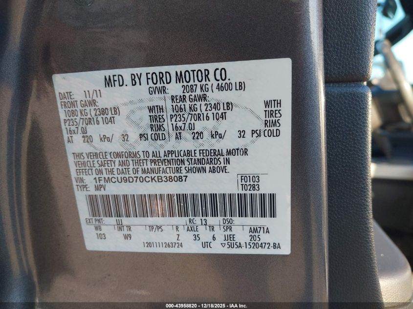 2012 Ford Escape Xlt VIN: 1FMCU9D70CKB38087 Lot: 43958820