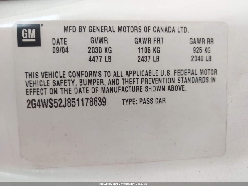 2005 Buick Century VIN: 2G4WS52J851178639 Lot: 43958821