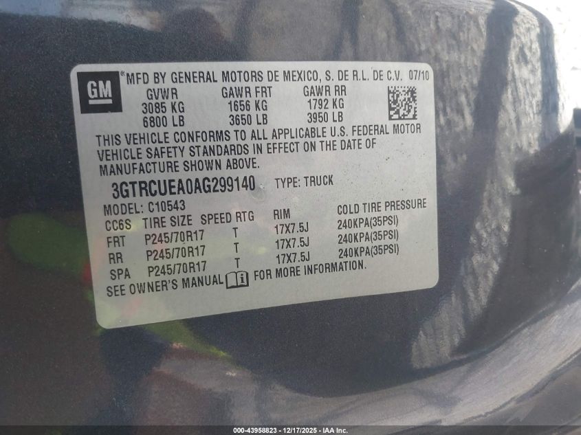 2010 GMC Sierra 1500 Sl VIN: 3GTRCUEA0AG299140 Lot: 43958823