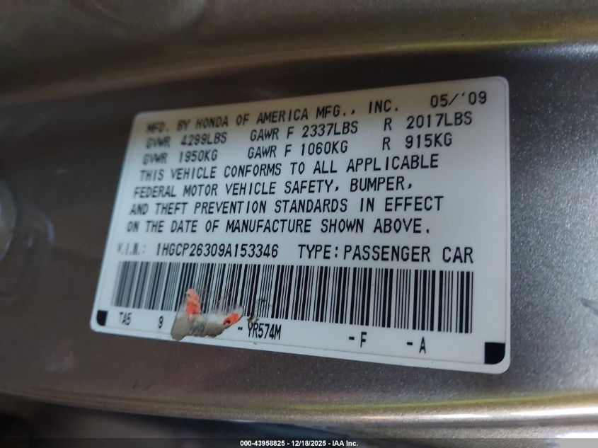 2009 Honda Accord 2.4 Lx VIN: 1HGCP26309A153346 Lot: 43958825