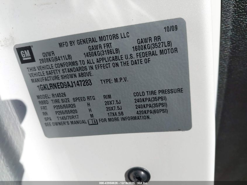 2010 GMC Acadia Slt-2 VIN: 1GKLRNED9AJ147283 Lot: 43958826