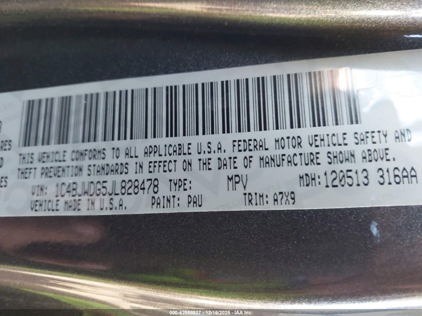 2018 Jeep Wrangler Jk Unlimited Sport S 4X4 VIN: 1C4BJWDG5JL828478 Lot: 43958827