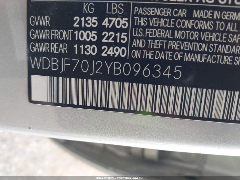 2000 Mercedes-Benz E 430 VIN: WDBJF70J2YB096345 Lot: 43958828