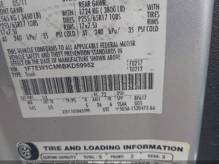 2011 Ford F-150 Xlt VIN: 1FTEW1CM6BKD59952 Lot: 43958829