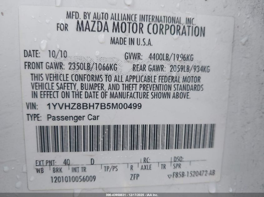 2011 Mazda Mazda6 I Sport VIN: 1YVHZ8BH7B5M00499 Lot: 43958831