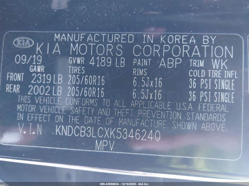 2019 Kia Niro Lx VIN: KNDCB3LCXK5346240 Lot: 43958834