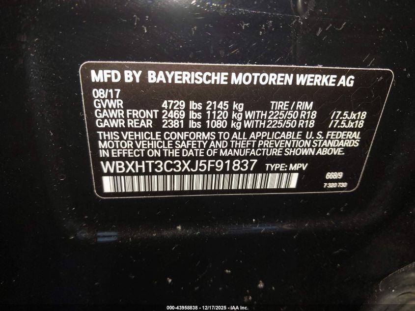 2018 BMW X1 xDrive28I VIN: WBXHT3C3XJ5F91837 Lot: 43958838