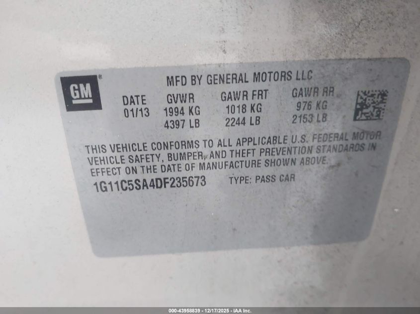 2013 Chevrolet Malibu 1Lt VIN: 1G11C5SA4DF235673 Lot: 43958839