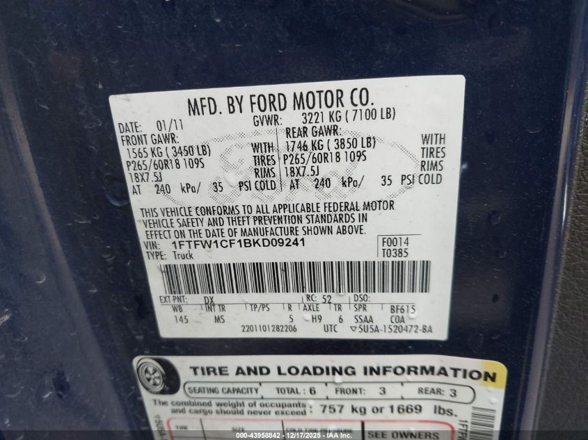 2011 Ford F-150 Xlt VIN: 1FTFW1CF1BKD09241 Lot: 43958842