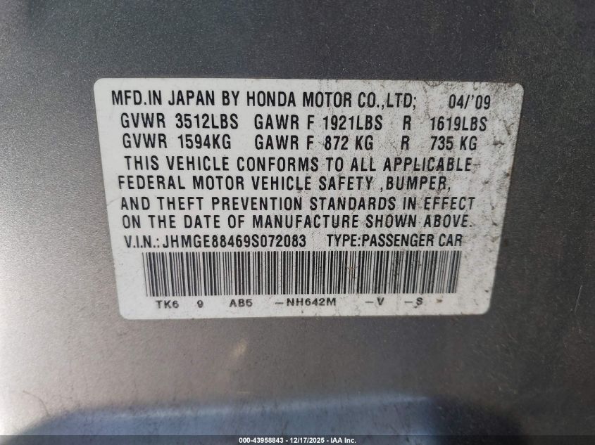 2009 Honda Fit Sport VIN: JHMGE88469S072083 Lot: 43958843