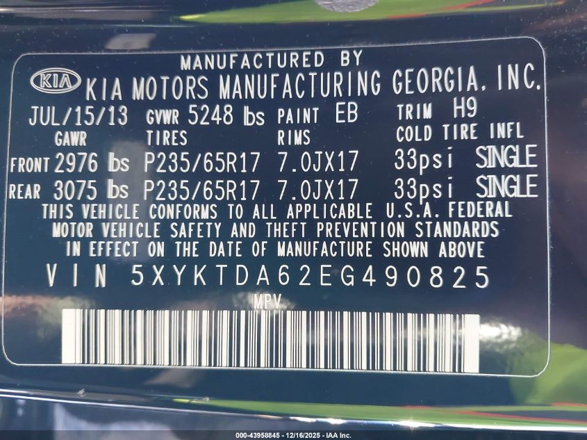 2014 Kia Sorento Lx VIN: 5XYKTDA62EG490825 Lot: 43958845