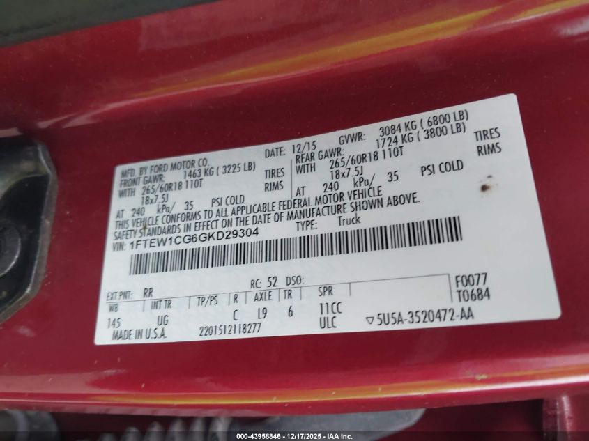 2016 Ford F-150 Xlt VIN: 1FTEW1CG6GKD29304 Lot: 43958846