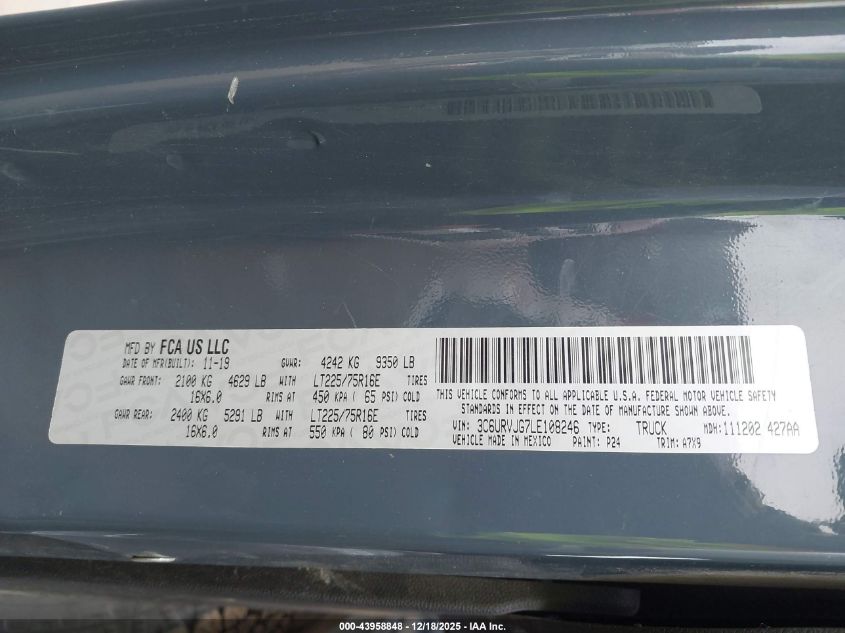 2020 Ram Promaster 3500 Cargo Van High Roof 159 Wb Ext VIN: 3C6URVJG7LE108246 Lot: 43958848