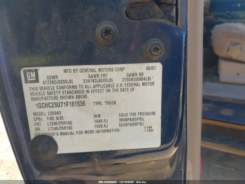 2001 Chevrolet Silverado 2500Hd Ls VIN: 1GCHC23U71F181536 Lot: 43958850