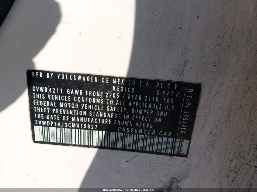 2012 Volkswagen Jetta 2.5L Se VIN: 3VWDP7AJ3CM419827 Lot: 43958852