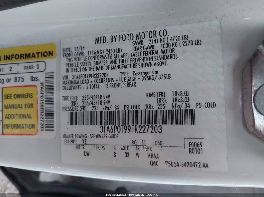 2015 Ford Fusion Se VIN: 3FA6P0T99FR227203 Lot: 43958854