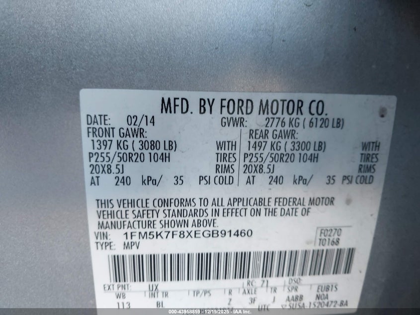 1FM5K7F8XEGB91460 2014 FORD EXPLORER photo no. 9