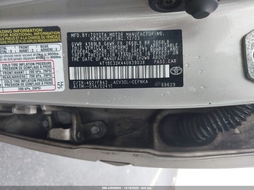 2004 Toyota Camry Le VIN: 4T1BE32K44U839038 Lot: 43958868