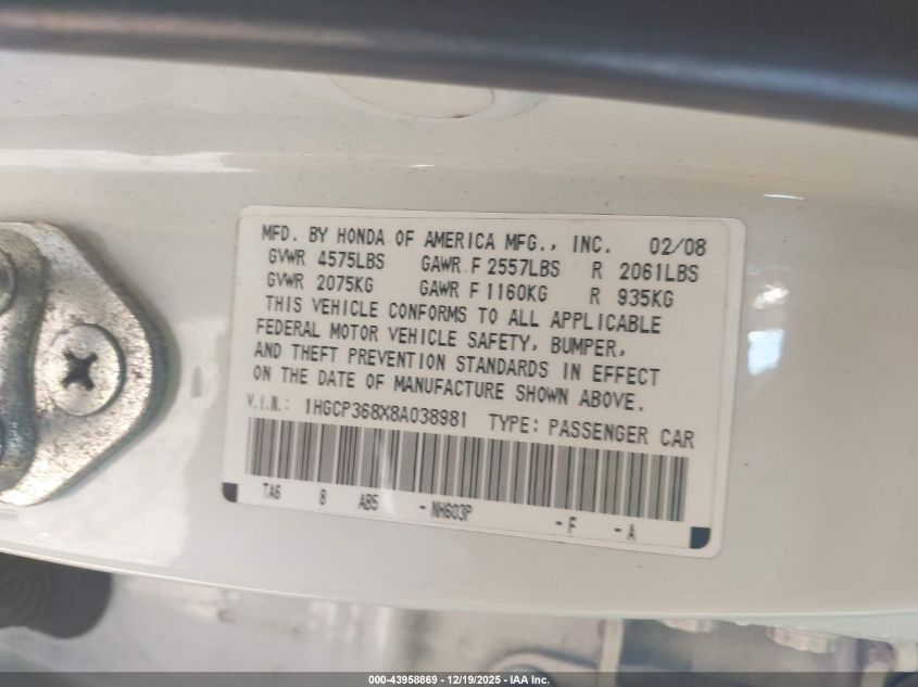 2008 Honda Accord 3.5 Ex-L VIN: 1HGCP368X8A038981 Lot: 43958869