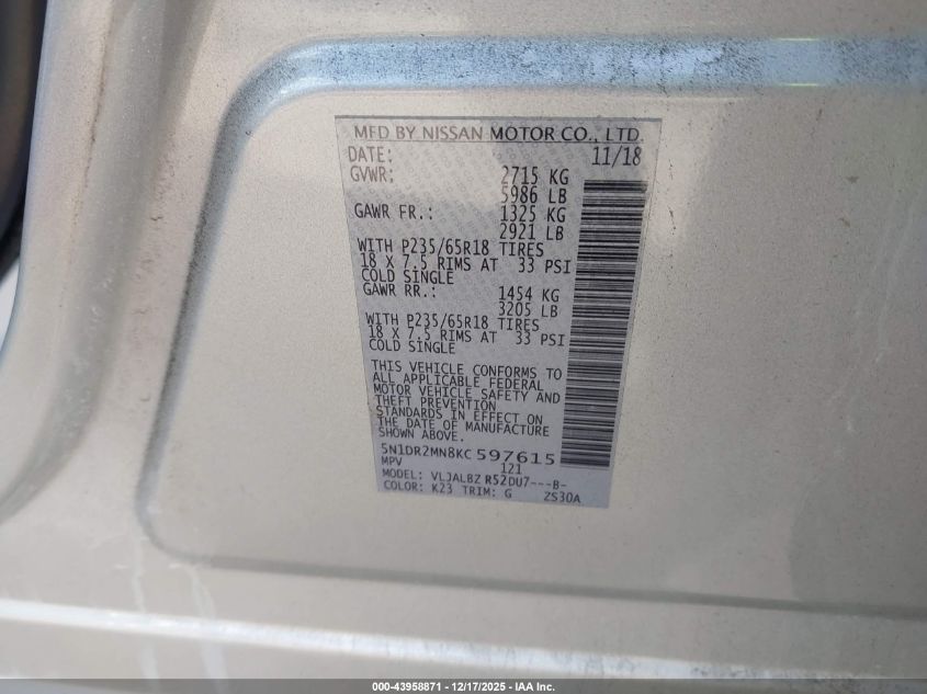 2019 Nissan Pathfinder S VIN: 5N1DR2MN8KC597615 Lot: 43958871