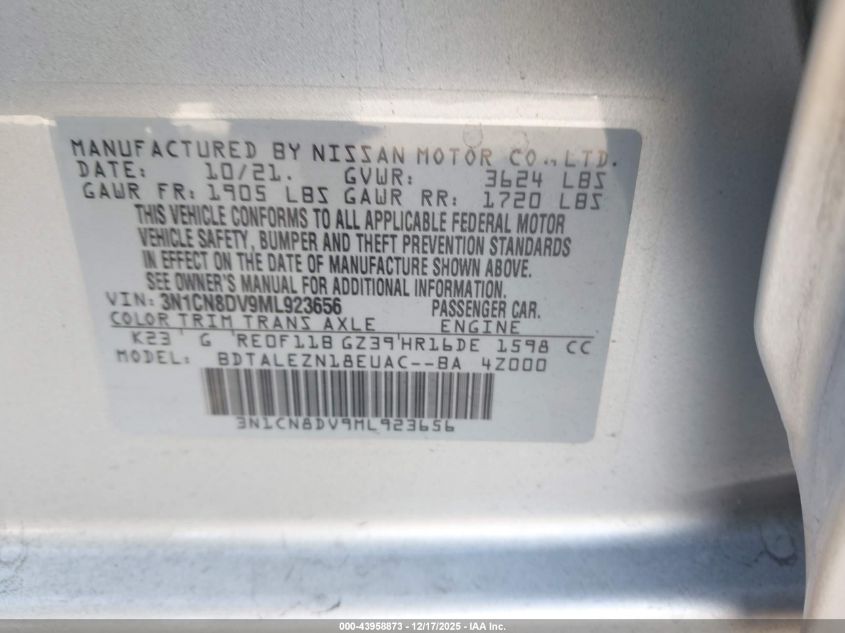 2021 Nissan Versa S Xtronic Cvt VIN: 3N1CN8DV9ML923656 Lot: 43958873