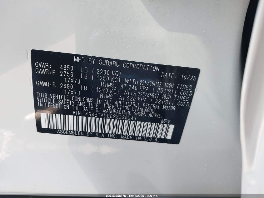 2025 Subaru Outback Premium VIN: 4S4BTADC8S3335241 Lot: 43958876