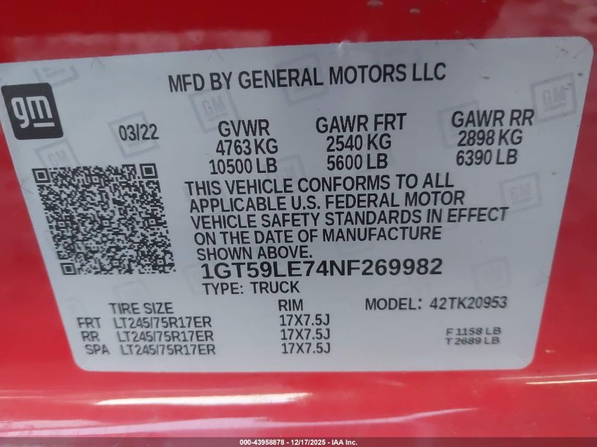 2022 GMC Sierra 2500Hd 4Wd Long Bed Pro VIN: 1GT59LE74NF269982 Lot: 43958878