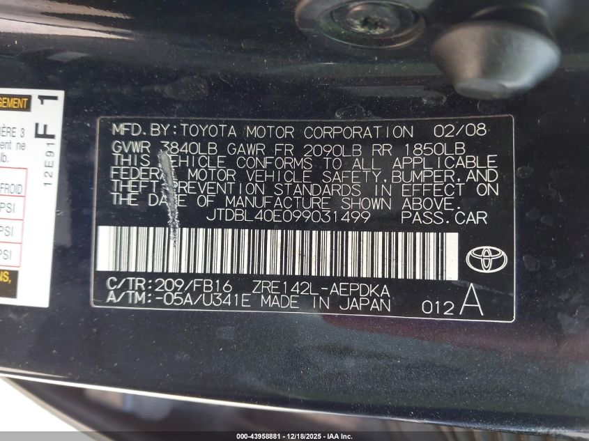 2009 Toyota Corolla Le VIN: JTDBL40E099031499 Lot: 43958881