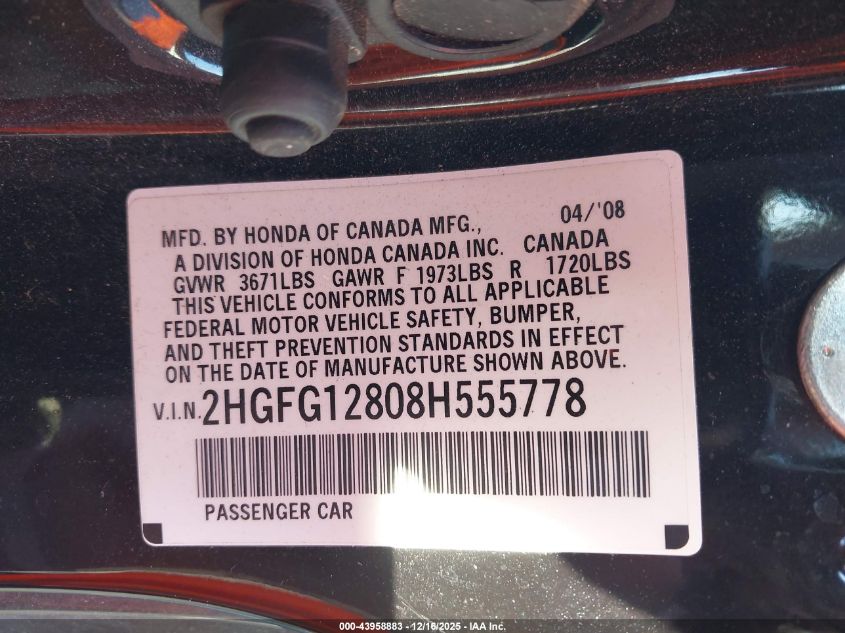 2008 Honda Civic Ex VIN: 2HGFG12808H555778 Lot: 43958883