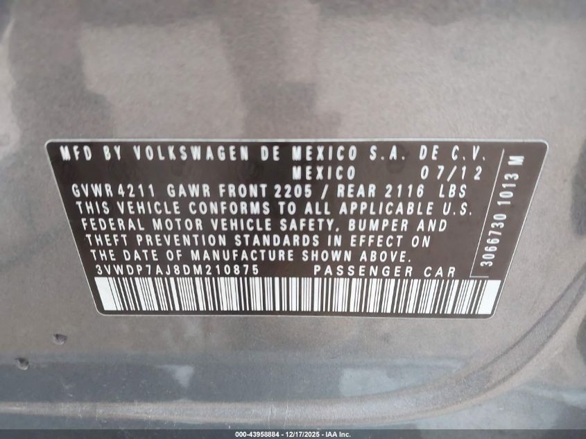 2013 Volkswagen Jetta Se VIN: 3VWDP7AJ8DM210875 Lot: 43958884