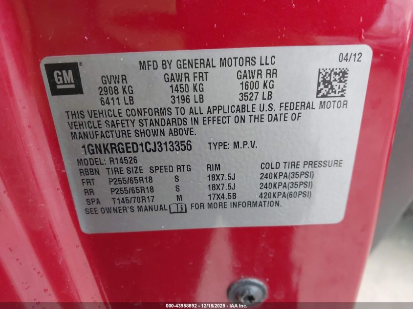 2012 Chevrolet Traverse 1Lt VIN: 1GNKRGED1CJ313356 Lot: 43958892