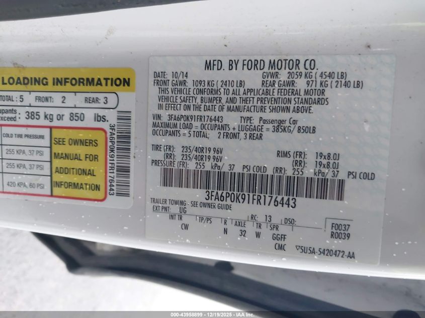 2015 Ford Fusion Titanium VIN: 3FA6P0K91FR176443 Lot: 43958899