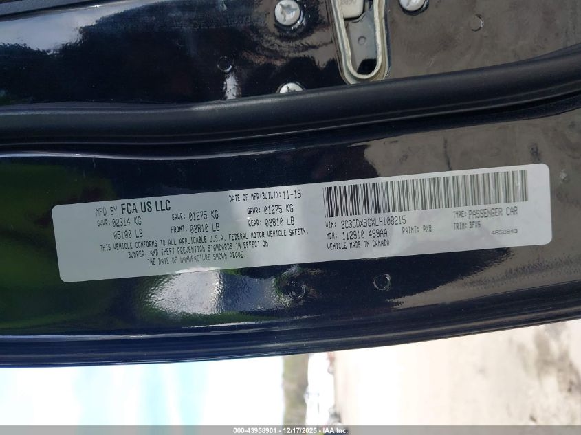 2020 Dodge Charger Sxt Rwd VIN: 2C3CDXBGXLH108215 Lot: 43958901