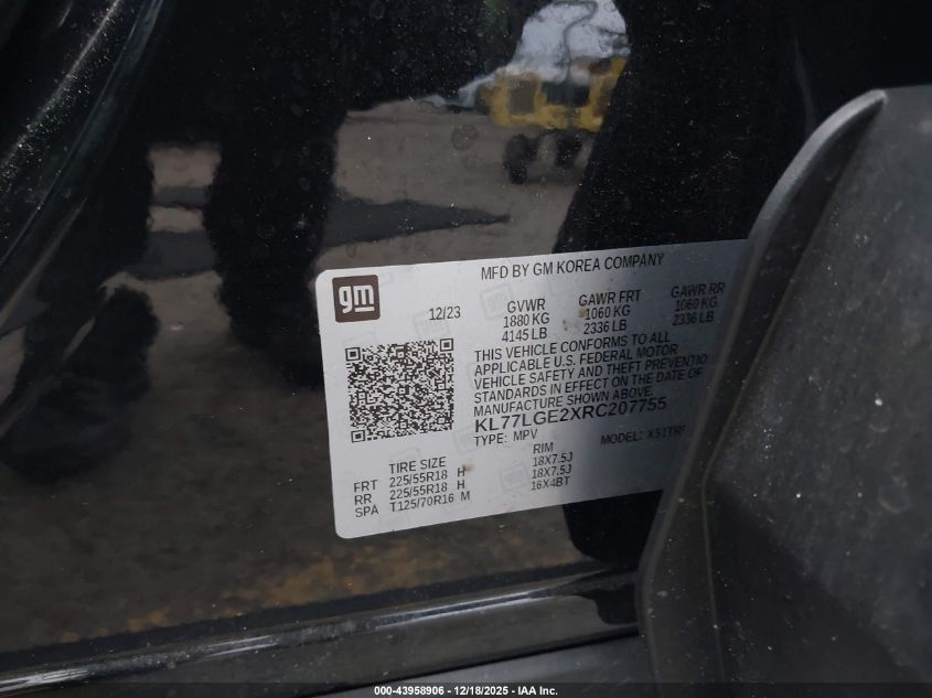 2024 Chevrolet Trax Fwd 1Rs VIN: KL77LGE2XRC207755 Lot: 43958906