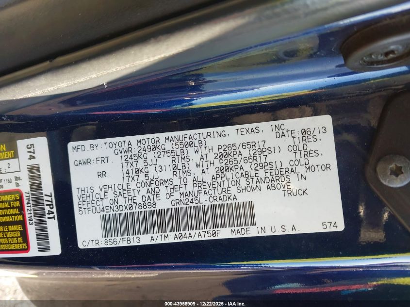 2013 Toyota Tacoma Base V6 VIN: 5TFUU4EN3DX078898 Lot: 43958909