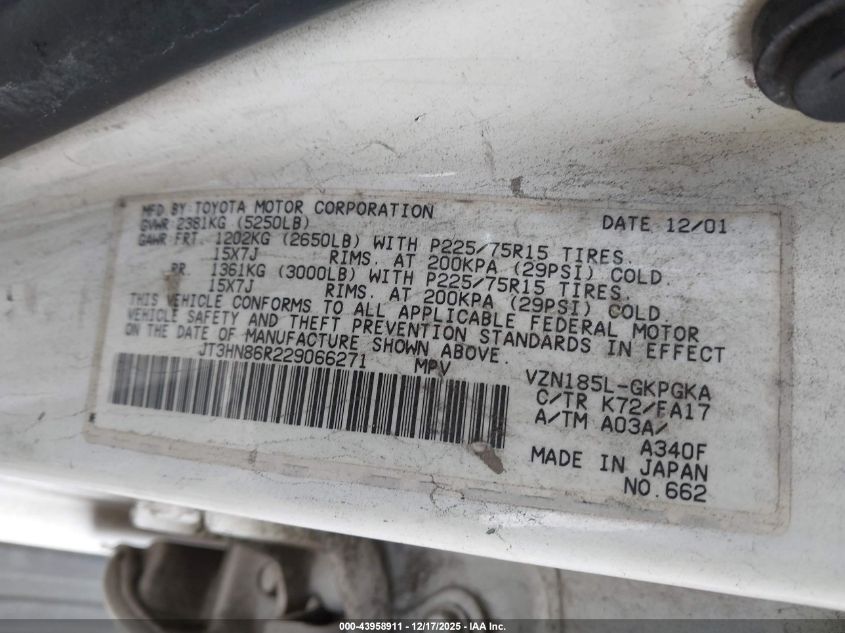 2002 Toyota 4Runner Sr5 V6 VIN: JT3HN86R229066271 Lot: 43958911