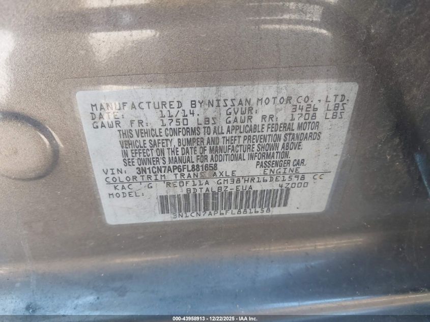 2015 Nissan Versa 1.6 Sv VIN: 3N1CN7AP6FL881658 Lot: 43958913