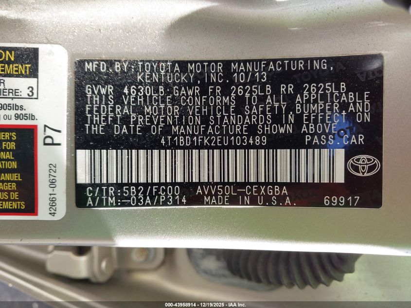 2014 Toyota Camry Hybrid Xle VIN: 4T1BD1FK2EU103489 Lot: 43958914