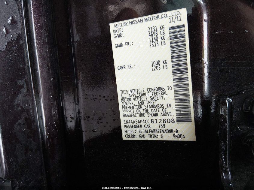 2012 Nissan Maxima 3.5 Sv VIN: 1N4AA5AP4CC812808 Lot: 43958915