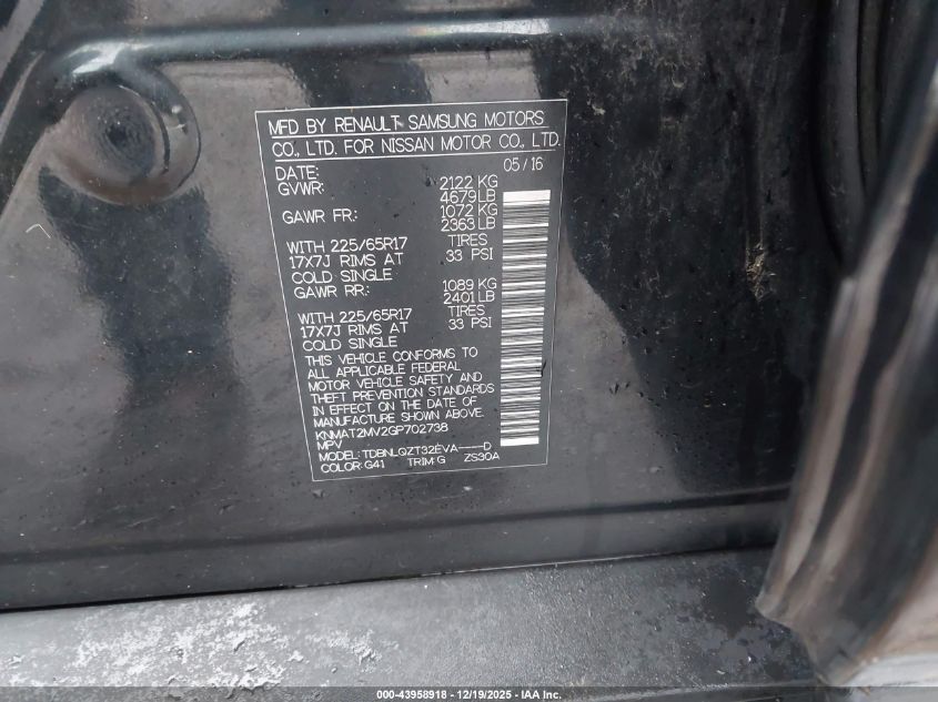 2016 Nissan Rogue Sv VIN: KNMAT2MV2GP702738 Lot: 43958918